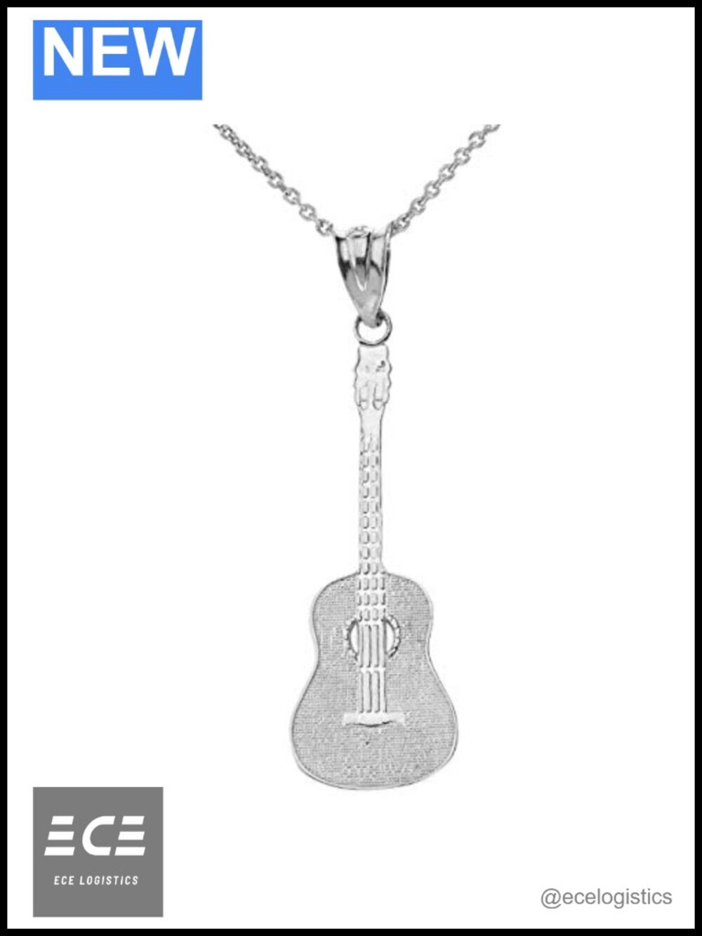Sterling Silver Acoustic Guitar Charm Necklace 18 Inch Rolo Chain Music Pendant